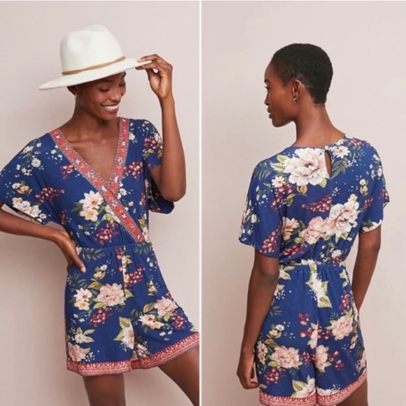 FARM Rio Pants - FARM Rio Anthro Estelle Floral Blue Romantic Boho Romper With Pockets Medium